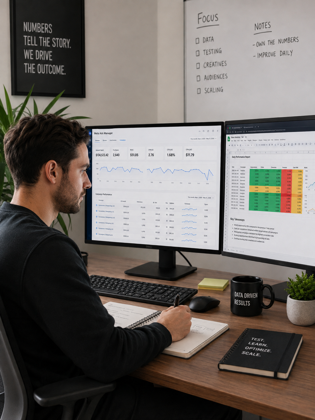 A focused workspace with Meta Ads Manager and performance reporting dashboards on dual monitors